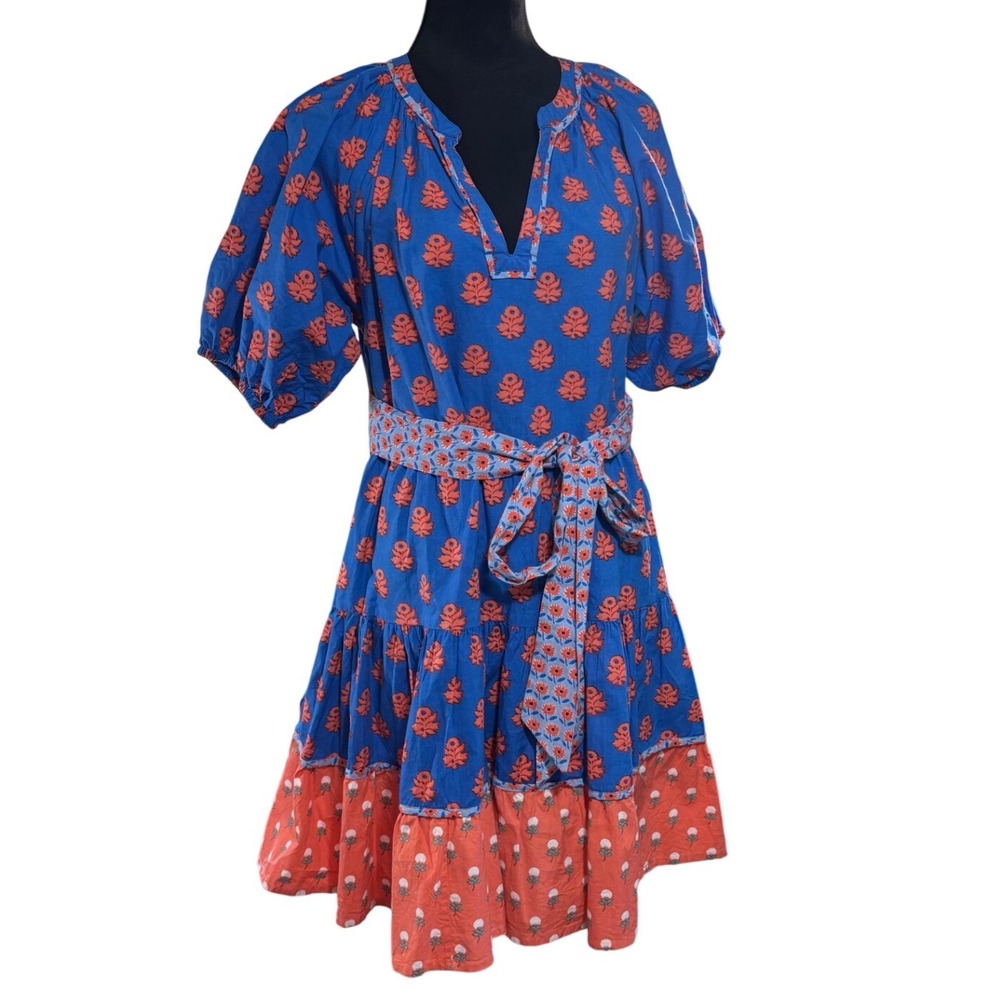 Printfresh A Walk In The Park Blue Orange Block Print Mini Dress Medium